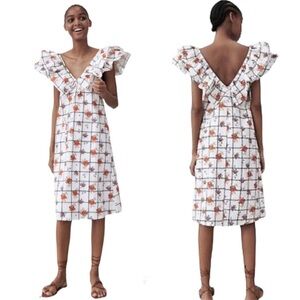 Zara M Floral Lattice Ruffle Sleeve Midi Dress